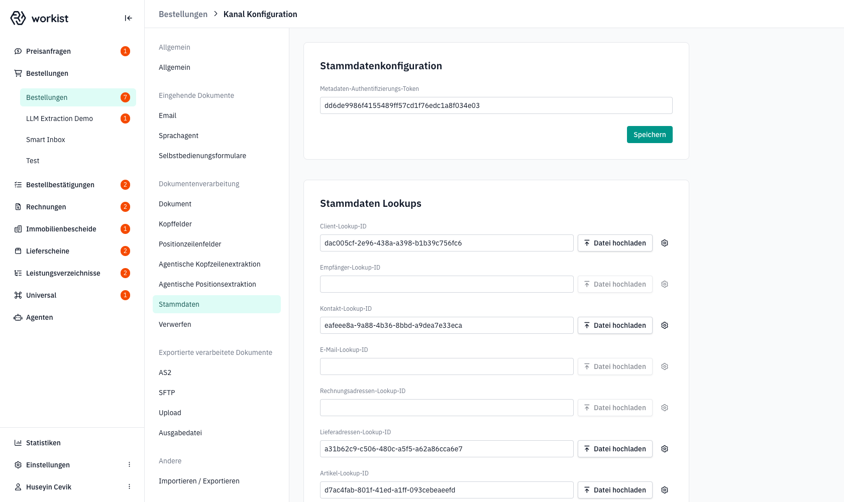 Stammdaten-Tab der Kanal-Konfiguration mit einer Zeile pro Lookup