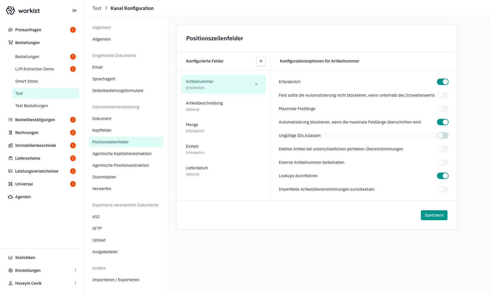 Übersicht der Positionzeilenfelder-Seite mit linker Feldliste und rechter Optionsspalte