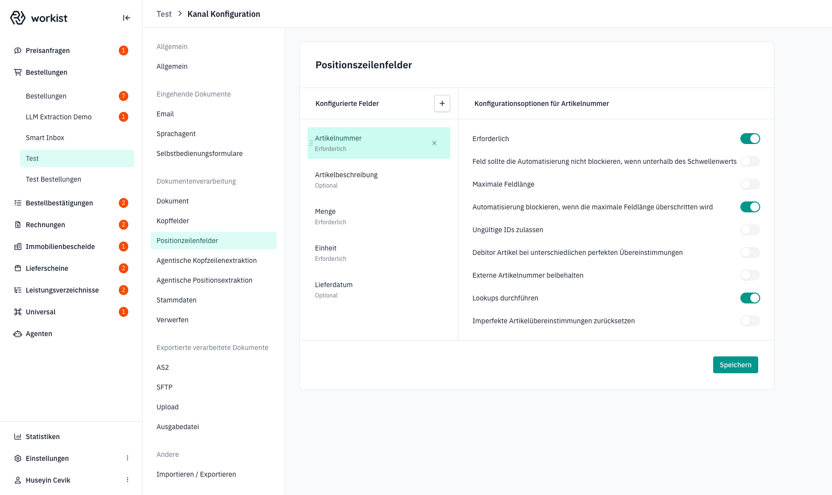 Optionspanel für das Feld „Artikelnummer"