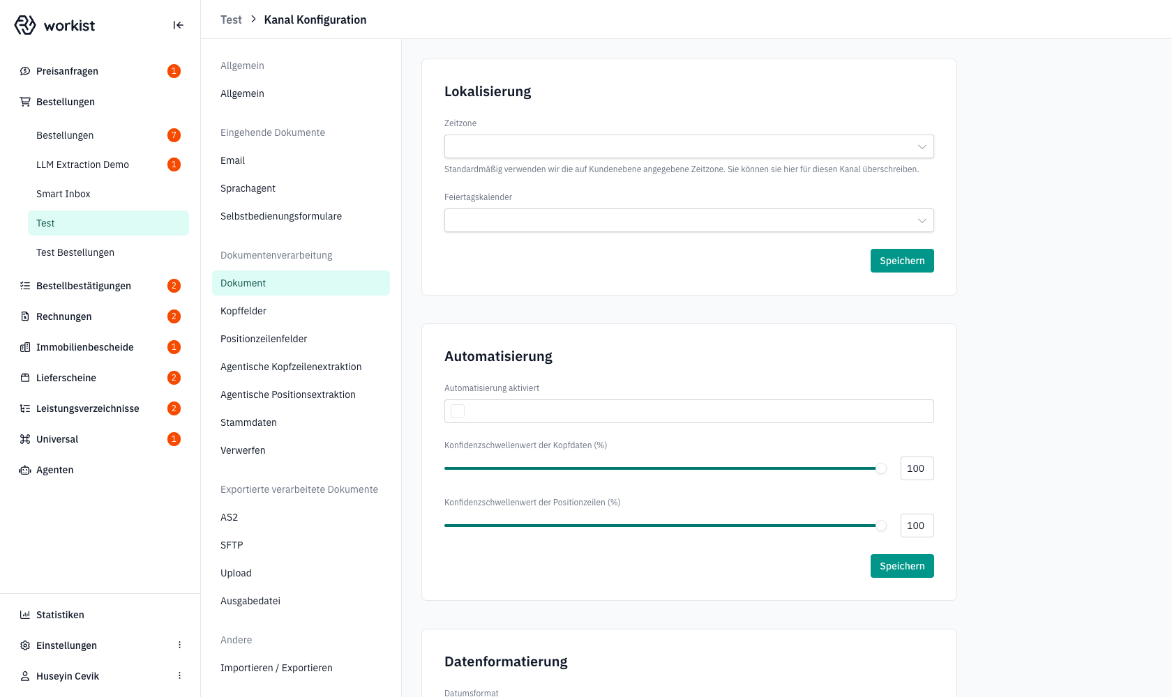 Block „Lokalisierung" mit den Feldern Zeitzone und Feiertagskalender