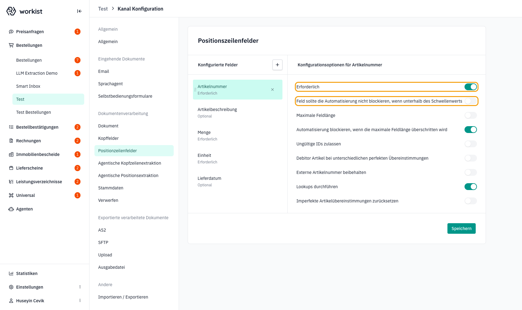 Mit Markierung: der Schalter „Erforderlich" und der Schalter „Feld sollte die Automatisierung nicht blockieren …"