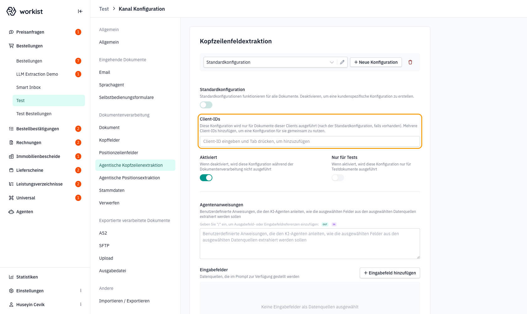 Eingabefeld Client-IDs nach Deaktivierung der Standardkonfiguration