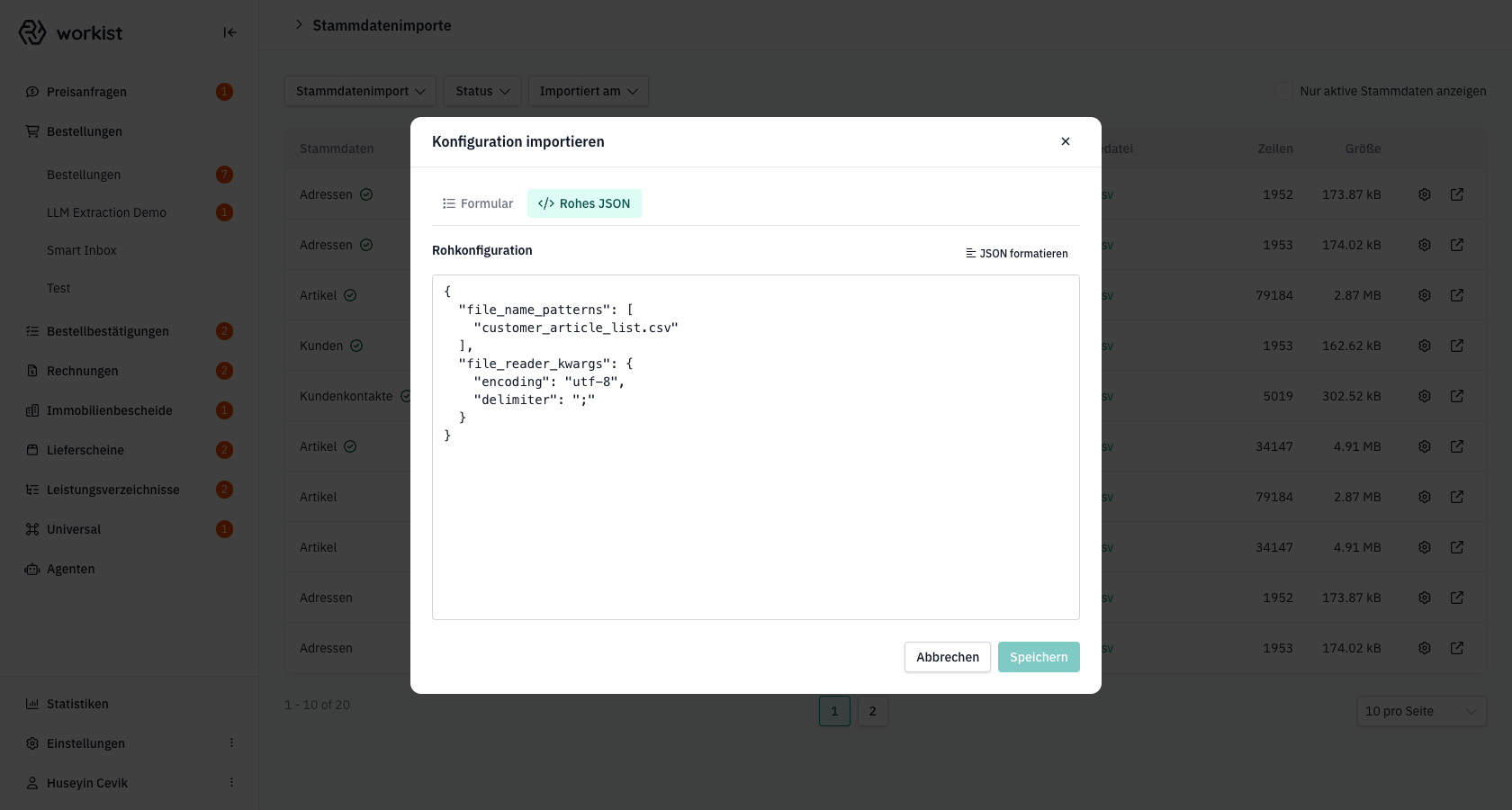 Reiter „Rohes JSON" mit aktueller Konfiguration