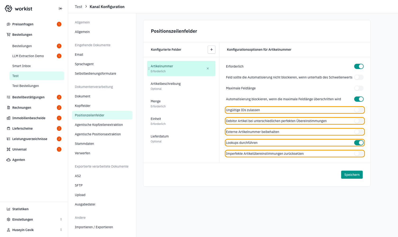 Mit Markierung: der Block der artikelspezifischen Optionen am Feld „Artikelnummer"