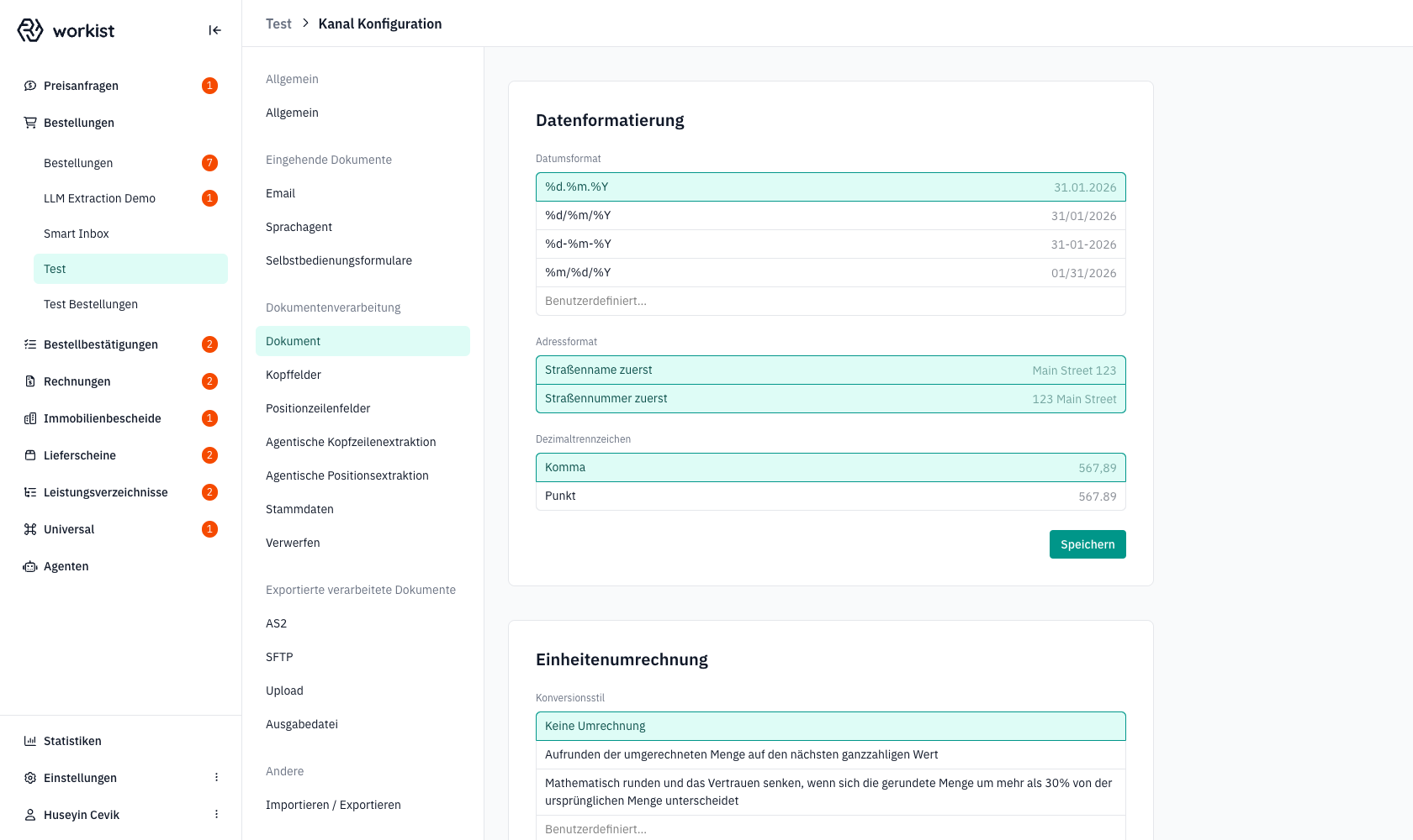 Block „Datenformatierung" mit Datumsformat, Adressformat und Dezimaltrennzeichen