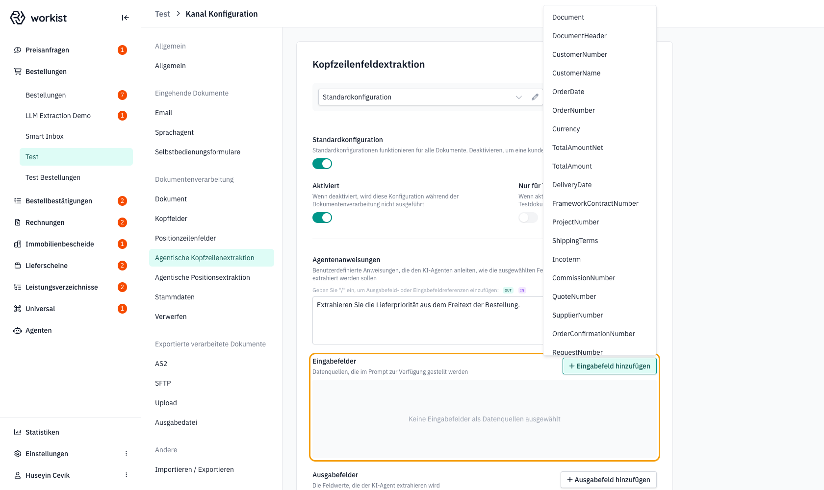 Eingabefelder mit geöffnetem Auswahl-Menü