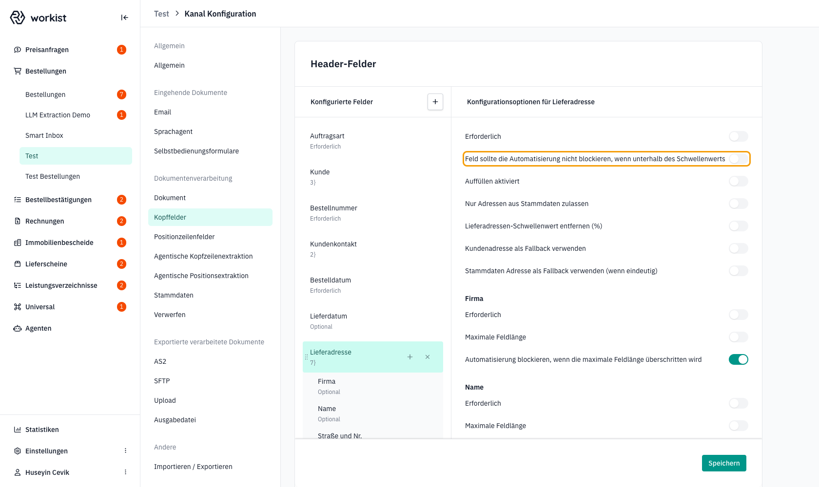 Toggle „Feld sollte die Automatisierung nicht blockieren" auf der Lieferadresse hervorgehoben