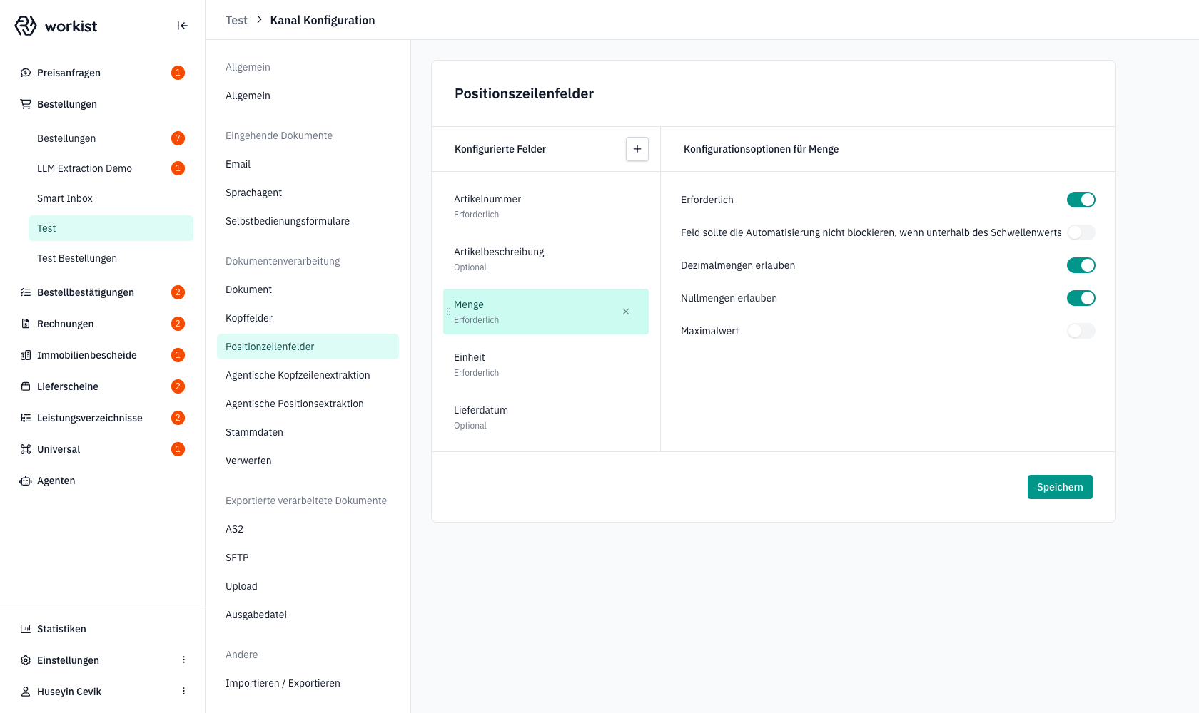 Optionspanel für das Feld „Menge": ohne Lookup- und Artikel-Optionen