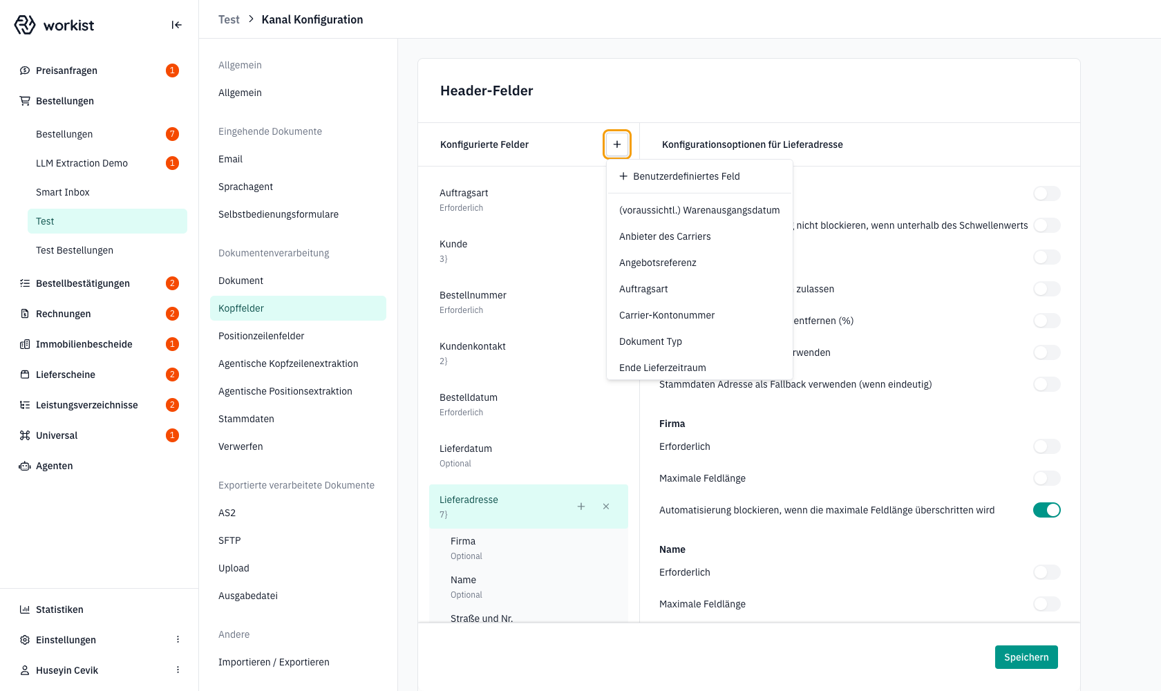 Geöffnetes Dropdown-Menü mit auswählbaren Standard- und benutzerdefinierten Feldern