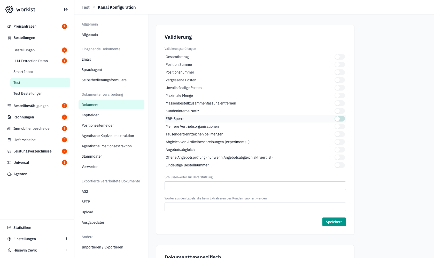 Block „Validierung" mit Liste aller verfügbaren Prüfungen