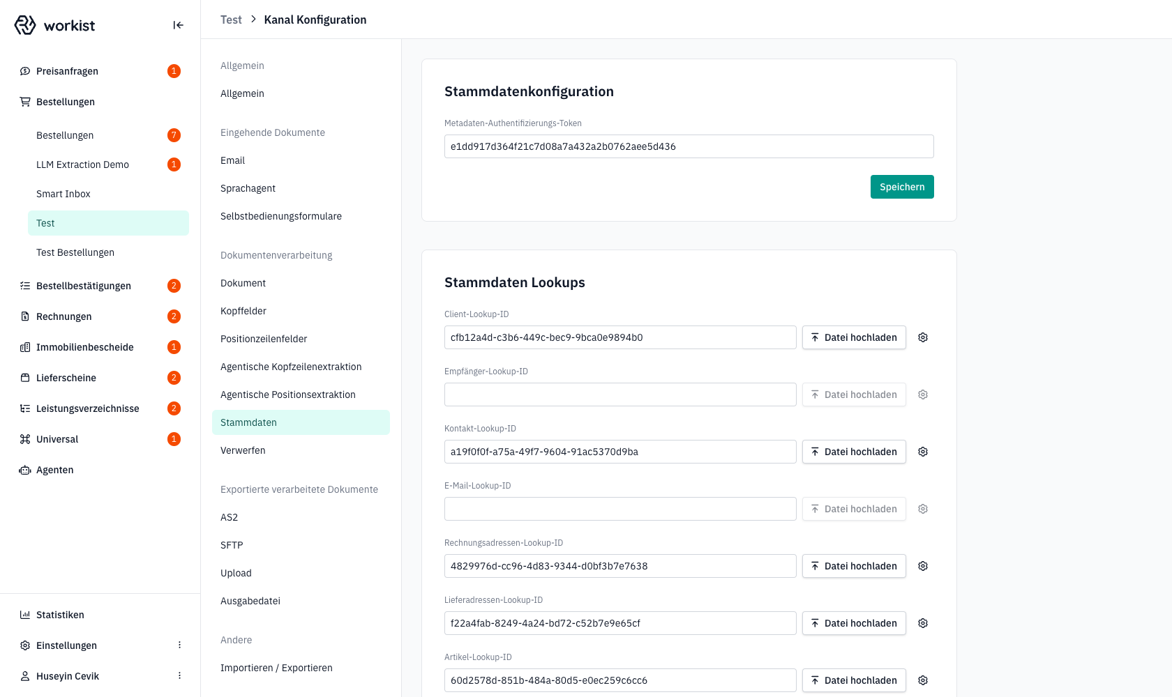 Stammdaten-Konfiguration mit Lookup-IDs und Datei-Upload je Lookup
