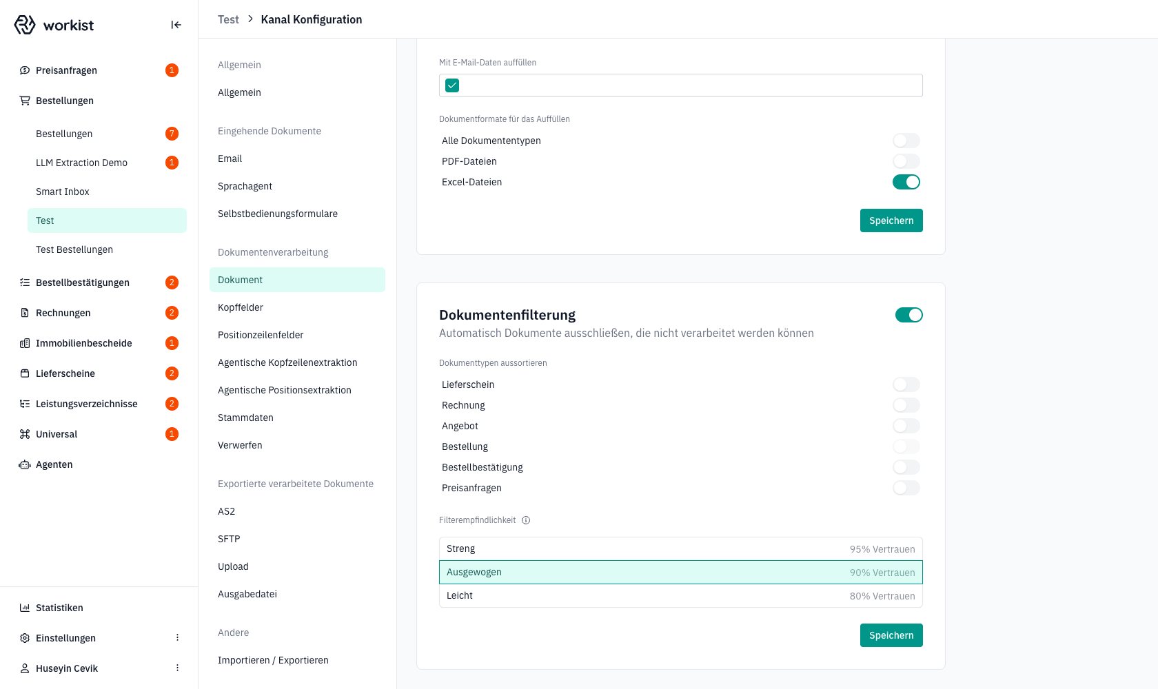 Aktivierter Block „Dokumentenfilterung" mit Dokumenttypen und Filterempfindlichkeit