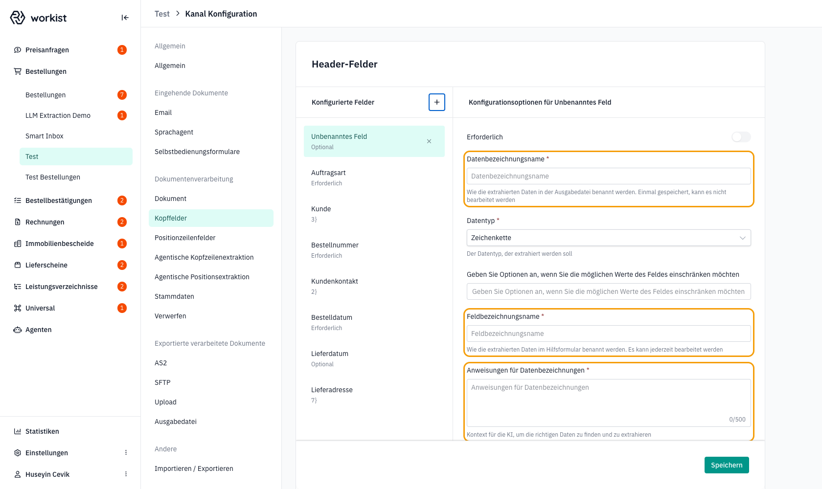 Markierte Pflichtfelder: Datenbezeichnungsname, Feldbezeichnungsname, Anweisungen für Datenbezeichnungen