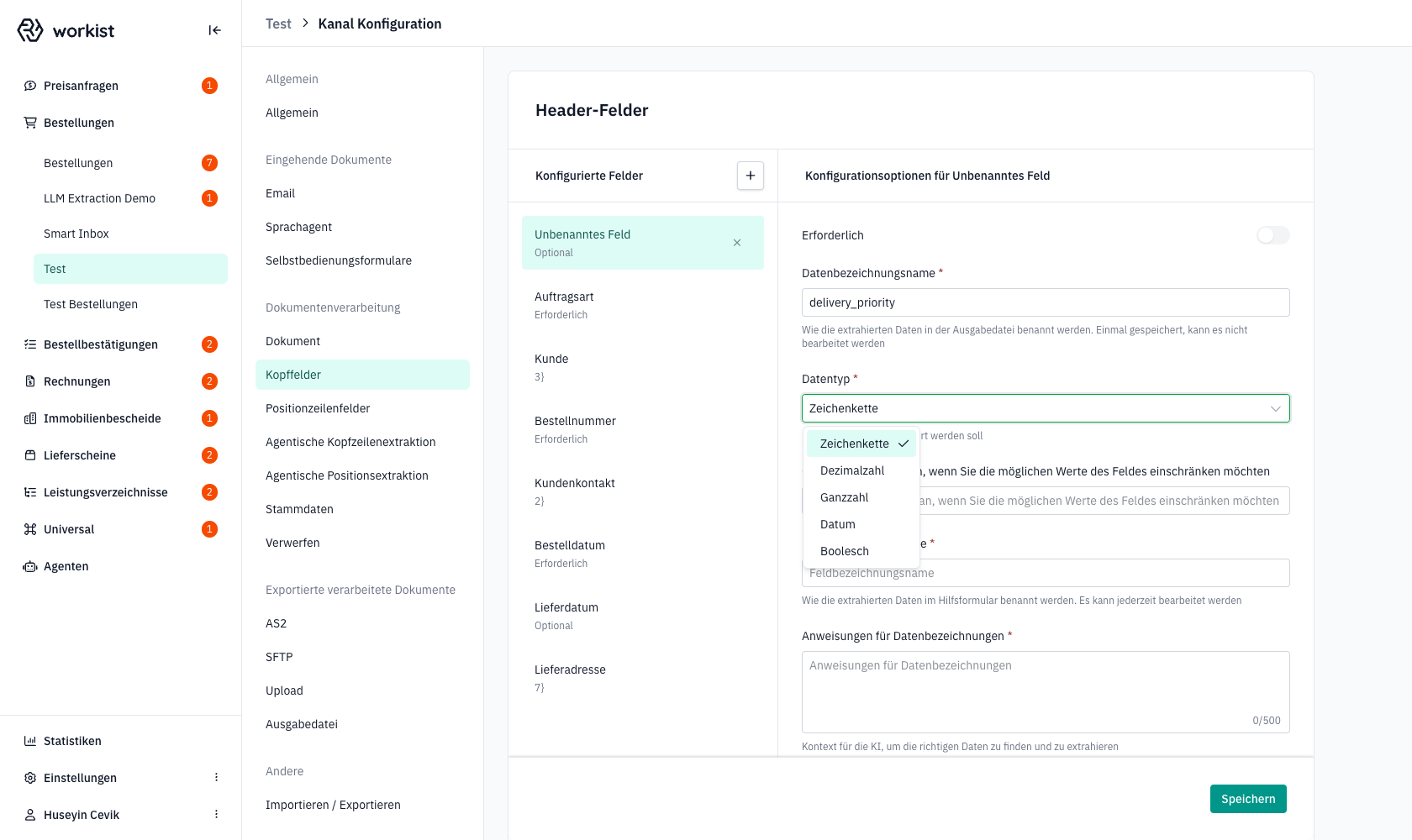 Geöffnetes Datentyp-Dropdown mit allen fünf Optionen